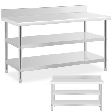 Table Worktop Steel Table Table with Rant 2 Shelves 150x70cm