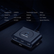 Distributör Hub USB-port upp till 4x USB 3.2 Kabel 0,5 m svart
