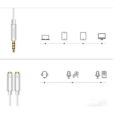 Razdelilnik slušalk 3.5mm Mini Jack Aux + stereo mikrofon 20cm srebro