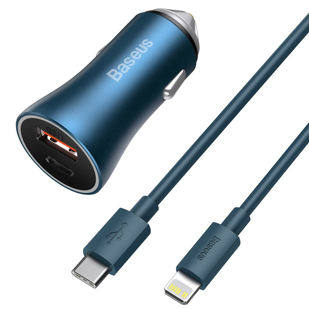 Brzo auto punjač 40W PD QC USB-C / USB + kabel za iPhone plavo