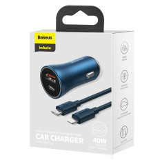 Carregador de carro rápido 40W PD QC USB-C / USB + cabo para iPhone Blue