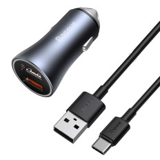 Snelle autolader 2x USB 40W QC SCP FCP AFC + GRIJS USB-C-kabel
