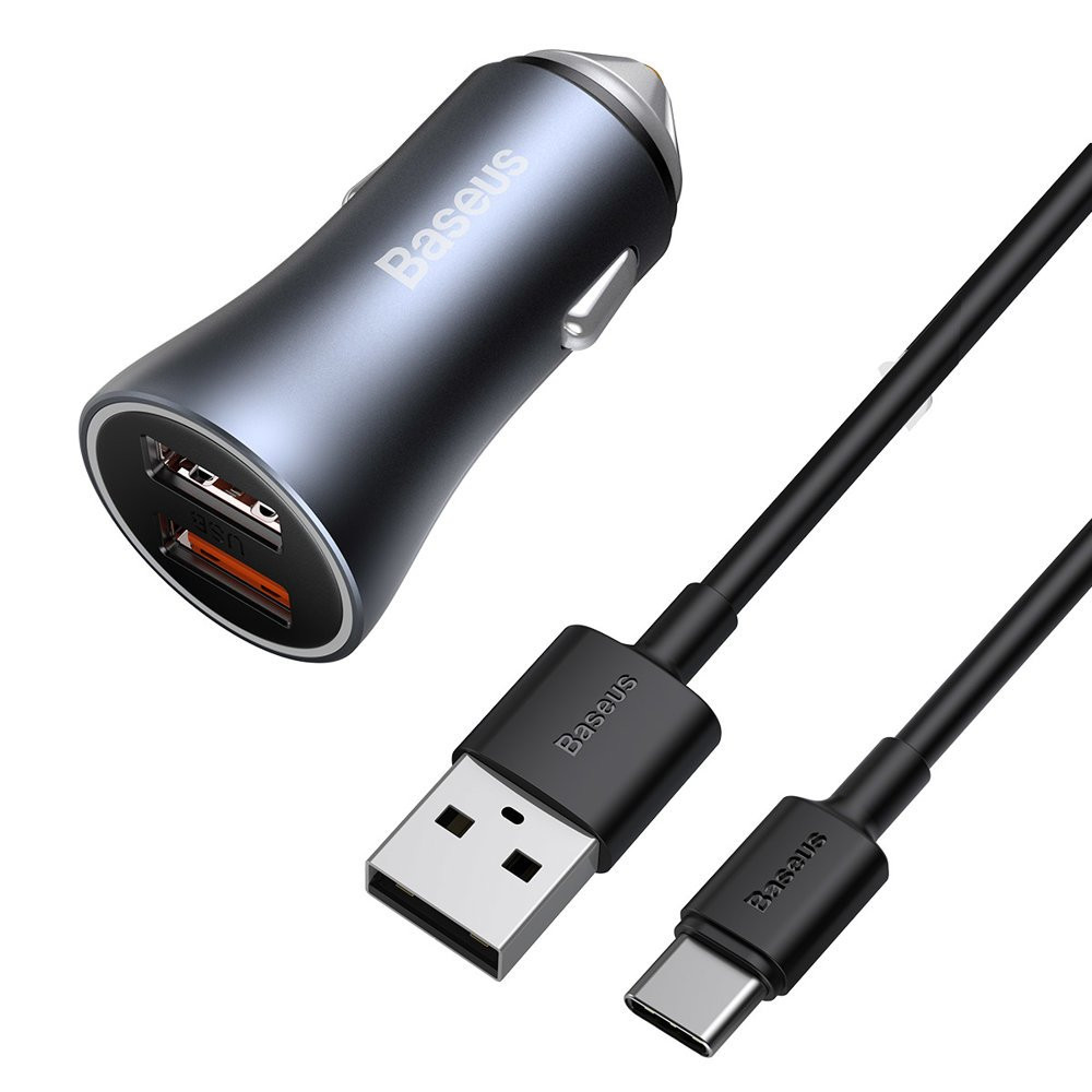Carregador de carro rápido 2x USB 40W QC SCP FCP AFC + Cabo Cinzento USB-C