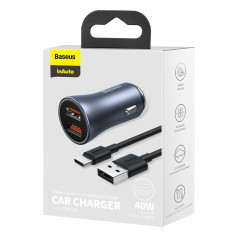 Carregador de carro rápido 2x USB 40W QC SCP FCP AFC + Cabo Cinzento USB-C