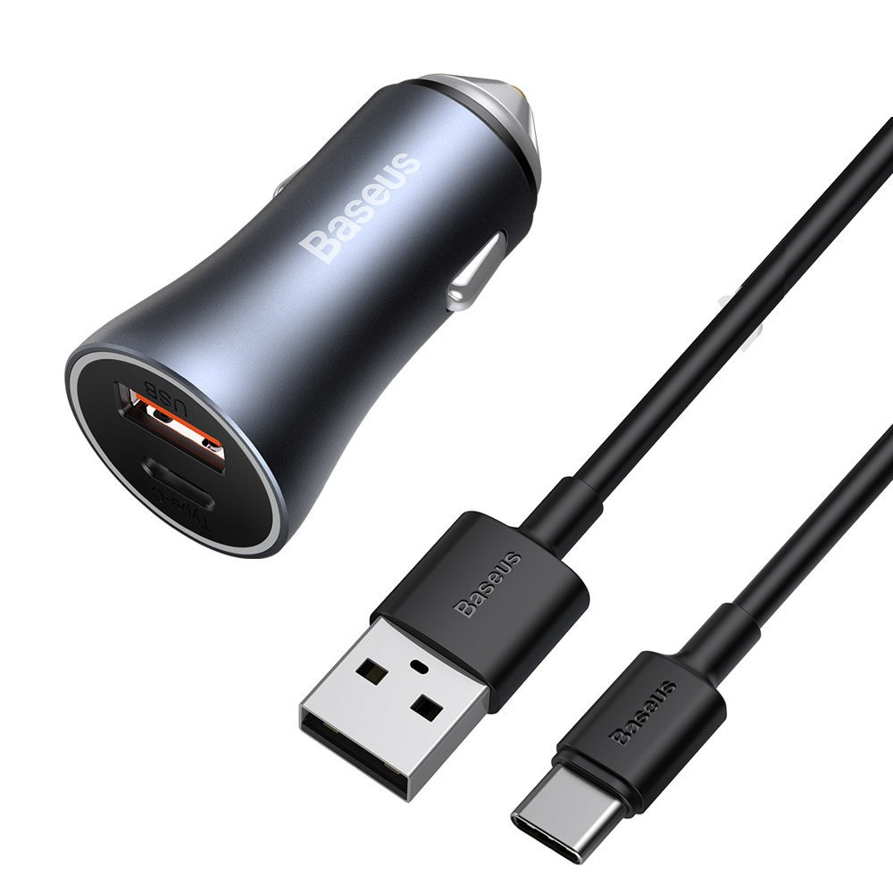 Nopea autolaturi 40W PD QC USB-C / USB + USB-C-kaapelin harmaa