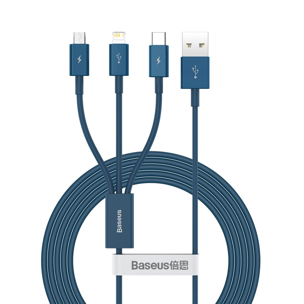 3in1 kabel USB Universal Cable - Lightning / USB-C / Micro USB 3.5A 1.5m Blå