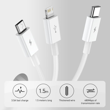 3in1 Kabel USB Universal Kabel - Lyn / USB-C / Micro USB 3.5A 1.5m Blå
