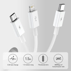 3in1 kábel USB univerzális kábel - Villám / USB-C / Micro USB 3.5A 1.5m Kék