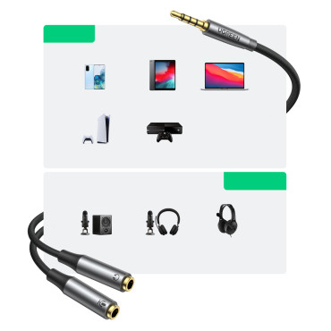AUX 3.5mm Cable Distribuidor Auriculares para hombre y micrófono femenino 20cm negro