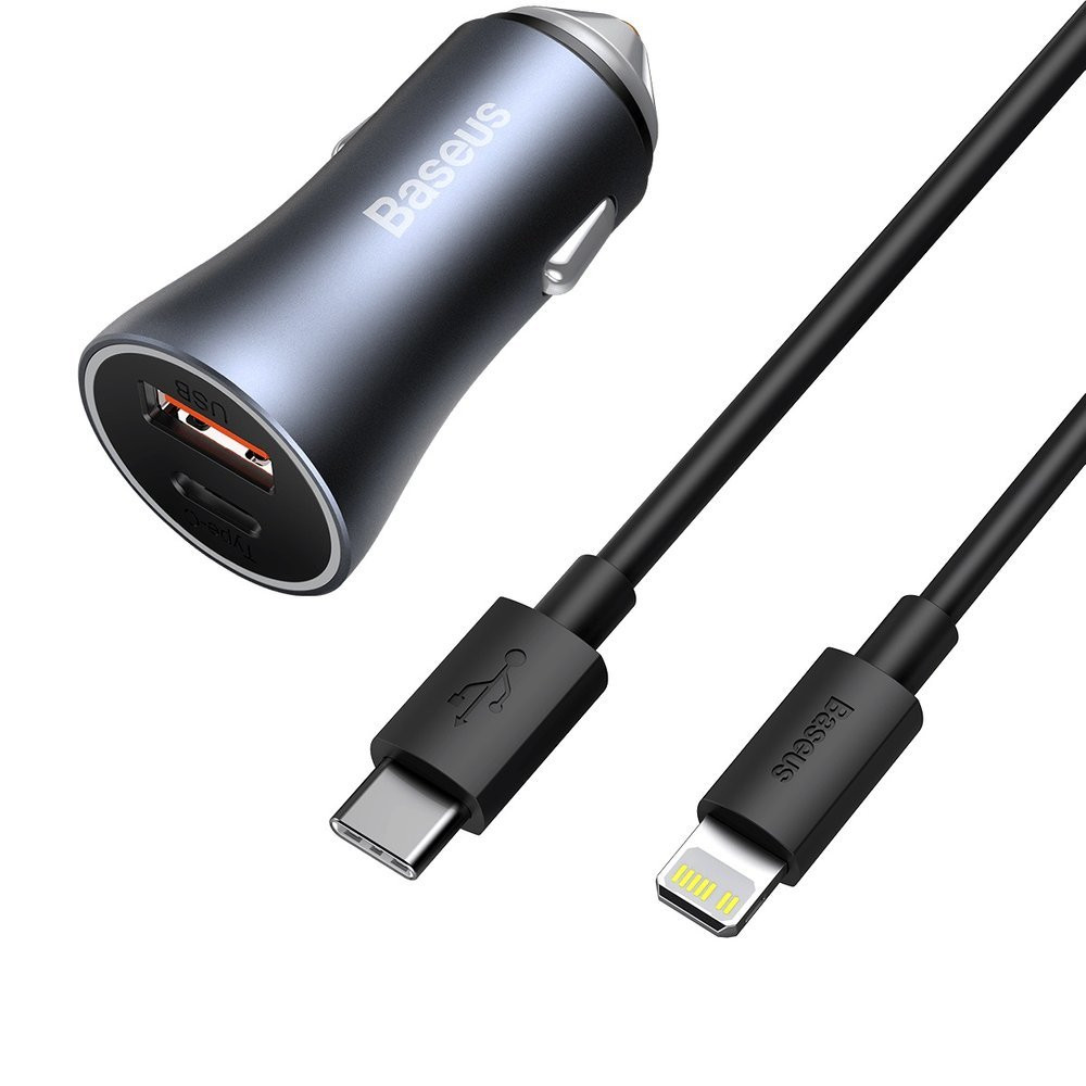 Carregador de carro rápido USB-C USB 40W PD QC SCP FCP AFC + Cabo USB-C - Relâmpago cinzento