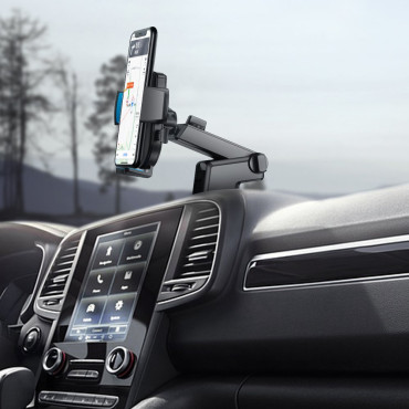 Holder on the phone with a telescopic arms on a dashboard and black glass