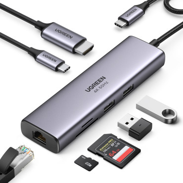 7W1 Multifunkčný USB-C HUB - 2x USB HDMI 4K SD a TF USB-C RJ45 1GBPS CARD CARD