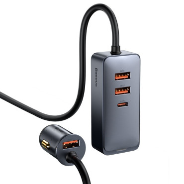 Autolader 3x USB + USB-C 120W PPS QC PD GRIJS