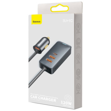 Autolader 3x USB + USB-C 120W PPS QC PD GRIJS