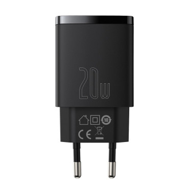 Carregador de rede preto USB USB-C 20W 3A PD QC 3.0