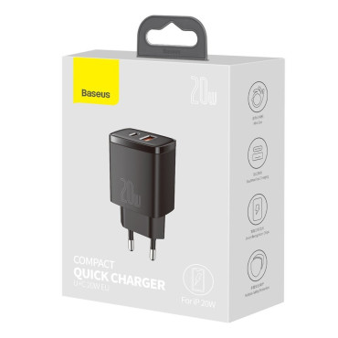 Carregador de rede preto USB USB-C 20W 3A PD QC 3.0