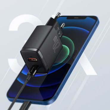 Carregador de rede preto USB USB-C 20W 3A PD QC 3.0