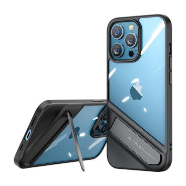 Ett styvt fall med en gelram och ett stativ för iPhone 13 Pro Svart
