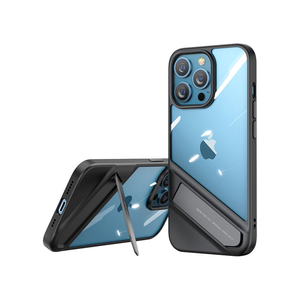 Stingrs korpuss ar gēla rāmi un stendu iPhone 13 pro melnā krāsā