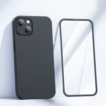 Case cover voor iPhone 13 behuizing voor rug en voorkant + gehard glas zwart