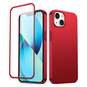 Capa de caso para o revestimento do iPhone 13 nas costas e frente + vidro temperado vermelho