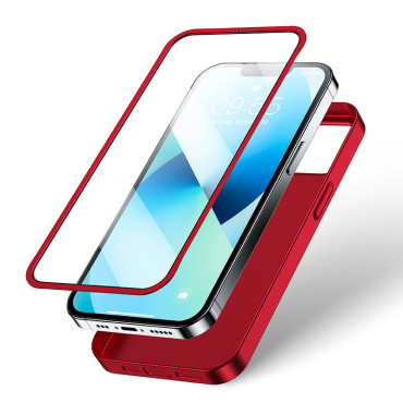 Capa de caso para o revestimento do iPhone 13 nas costas e frente + vidro temperado vermelho