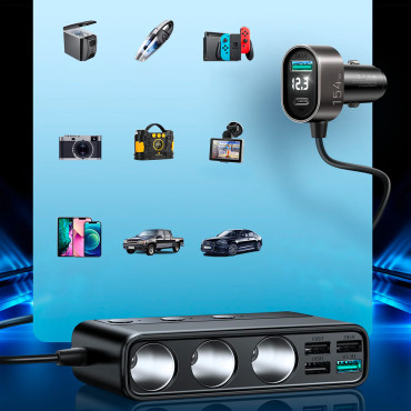 9W1 Car Charger 5x USB 1x USB-C 3x Cigarette Lighter Vtičnica QC Black