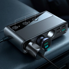 9W1 Car Charger 5x USB 1x USB-C 3x Cigarette Lighter Vtičnica QC Black
