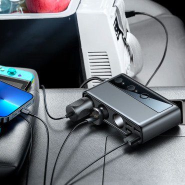 9W1 Autosúčiastka 5x USB 1x USB-C 3X Zapaľovač zapaľovača QC Čierna