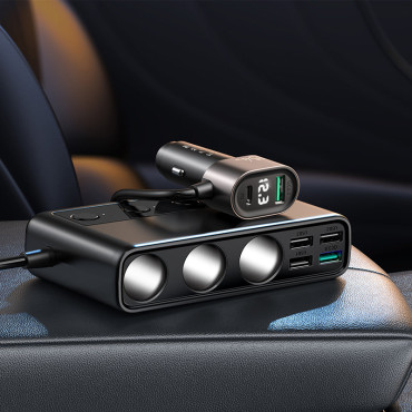 9W1 Car Charger 5x USB 1x USB-C 3x Cigarette Lighter Vtičnica QC Black