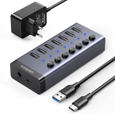 7W1 Daudzfunkcionāla rumba USB-C izplatītājs - 7x USB 3.0 PD DC 12V pelēks