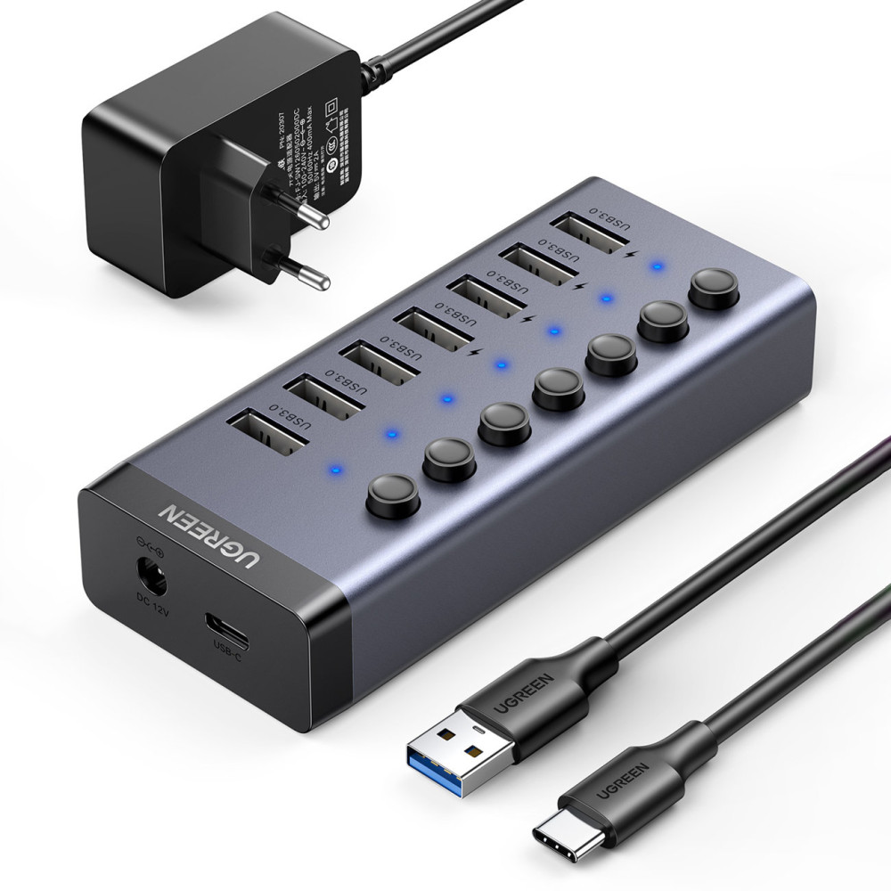 Distribuidor USB-C multifuncional 7W1 - 7x USB 3.0 PD DC 12V Gray