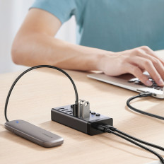 Distribuidor USB-C multifuncional 7W1 - 7x USB 3.0 PD DC 12V Gray