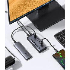Distribuidor USB-C multifuncional 7W1 - 7x USB 3.0 PD DC 12V Gray