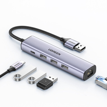 Multifunksjonell hubadapter USB-distributør 3.0 - 3x USB Ethernet RJ-45 USB-C PD GRAY