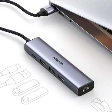 Multifunksjonell hubadapter USB-distributør 3.0 - 3x USB Ethernet RJ-45 USB-C PD GRAY