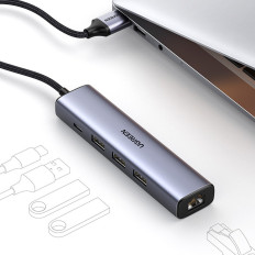 Multifunksjonell hubadapter USB-distributør 3.0 - 3x USB Ethernet RJ-45 USB-C PD GRAY