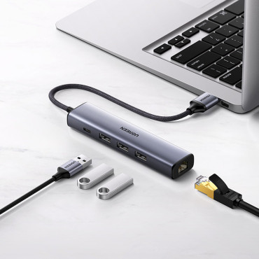 Πολυλειτουργικός προσαρμογέας HUB USB Διανομέας USB 3.0 - 3x USB Ethernet RJ-45 USB-C PD γκρι