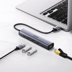 Multifunksjonell hubadapter USB-distributør 3.0 - 3x USB Ethernet RJ-45 USB-C PD GRAY