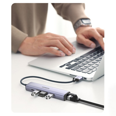 Multifunksjonell hubadapter USB-distributør 3.0 - 3x USB Ethernet RJ-45 USB-C PD GRAY