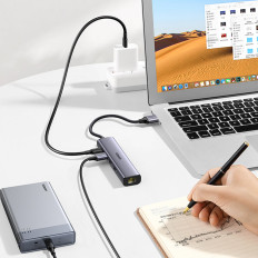 Multifunksjonell hubadapter USB-distributør 3.0 - 3x USB Ethernet RJ-45 USB-C PD GRAY