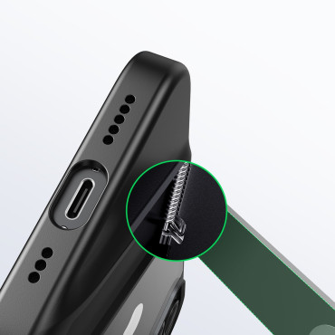 En styv påse med en gelram och ett inbyggt stativ för iPhone 14 Svart