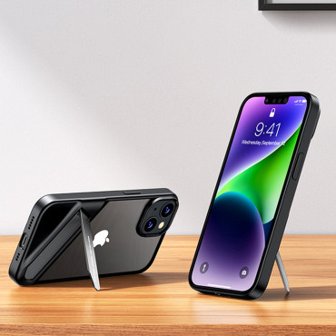 En styv påse med en gelram och ett inbyggt stativ för iPhone 14 Svart