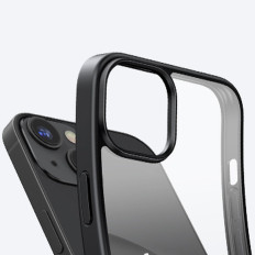 En styv påse med en gelram och ett inbyggt stativ för iPhone 14 Svart