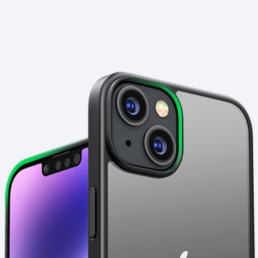 En styv påse med en gelram och ett inbyggt stativ för iPhone 14 Svart
