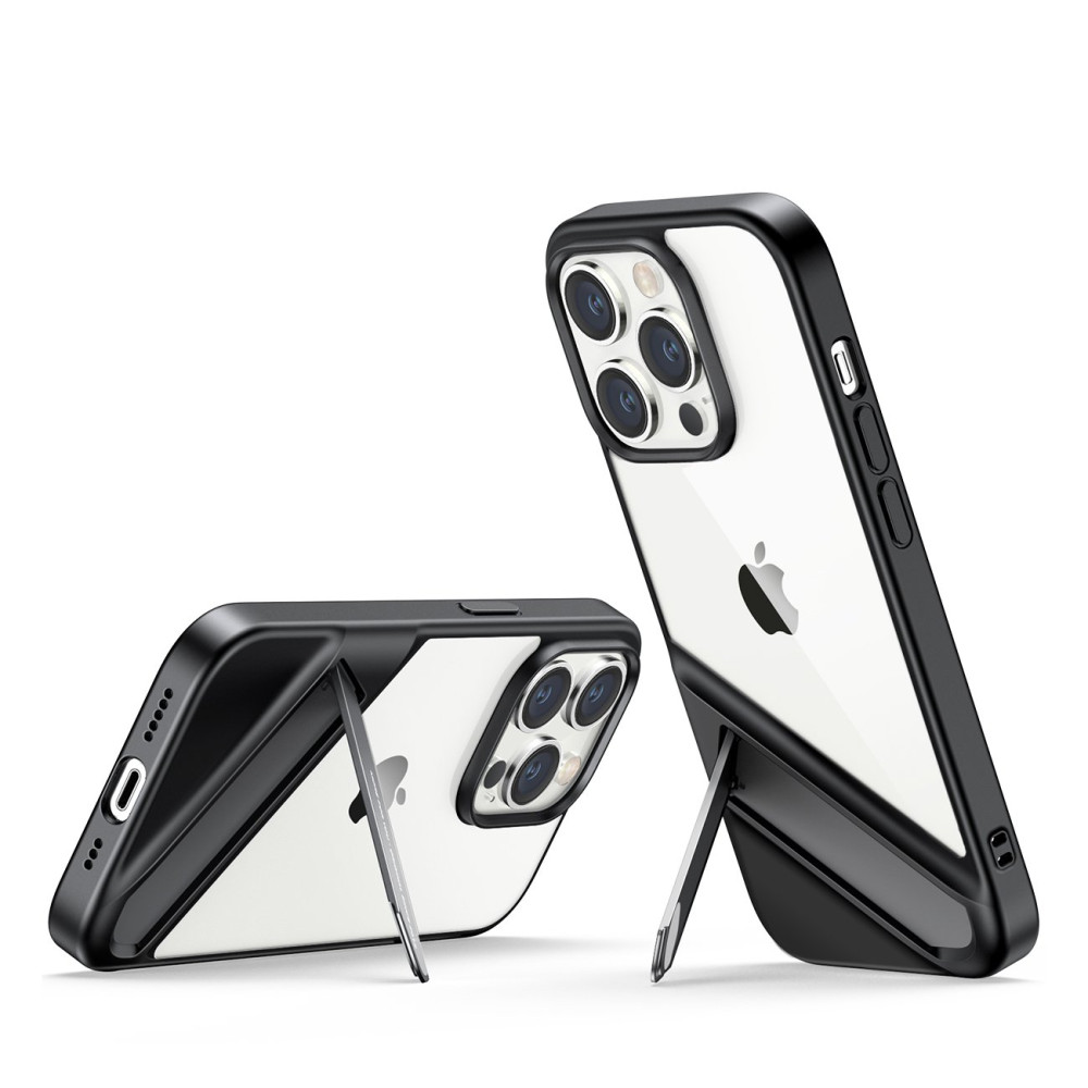 Stingrs maisiņš ar gēla rāmi un iebūvētu stendu iPhone 14 pro melns