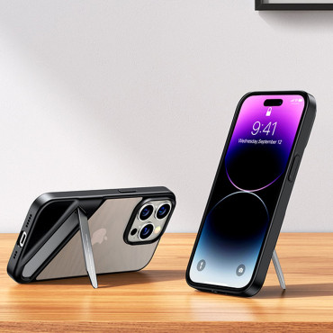 Stingrs maisiņš ar gēla rāmi un iebūvētu stendu iPhone 14 pro melns