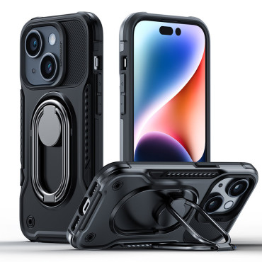 Primer za iPhone 14 oklepni pokrov s stojalom ročajem prstan Dr črna