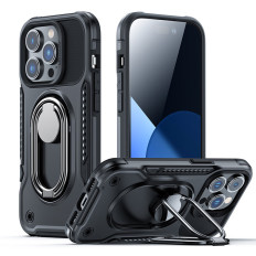 Case for iPhone 14 Pro pansret dækning med CASE HANDLE RING HOLDER Sort