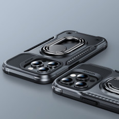 Fall för iPhone 14 Pro Armored Cover med Case Handle Ring Holder Black